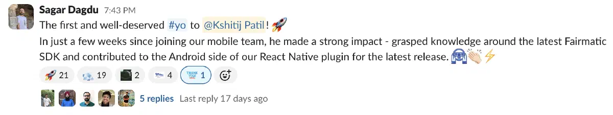 Slack shoutout from the Fairmatic mobile team